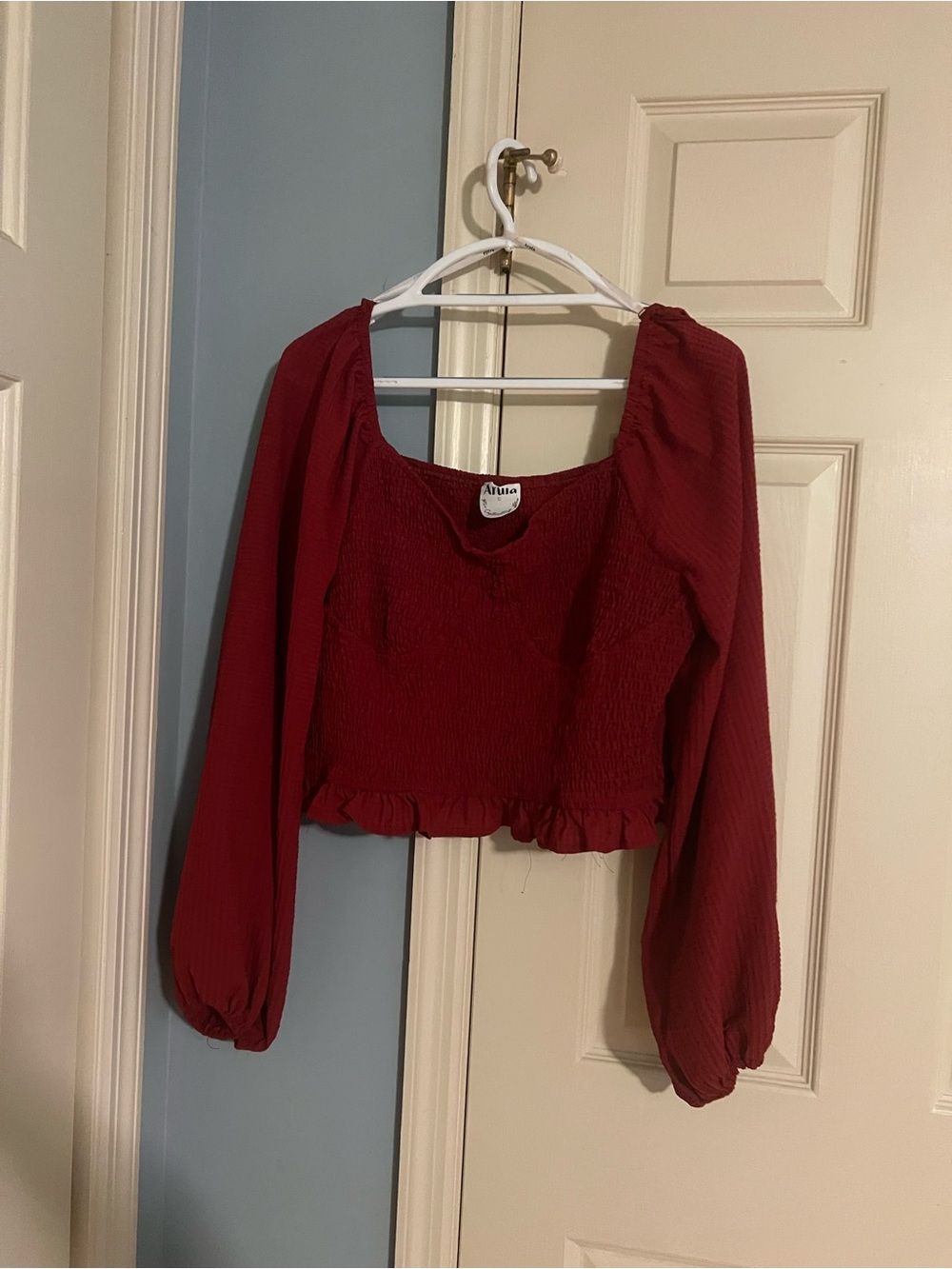 ARULA Red Smocked Long-Sleeve Crop Top